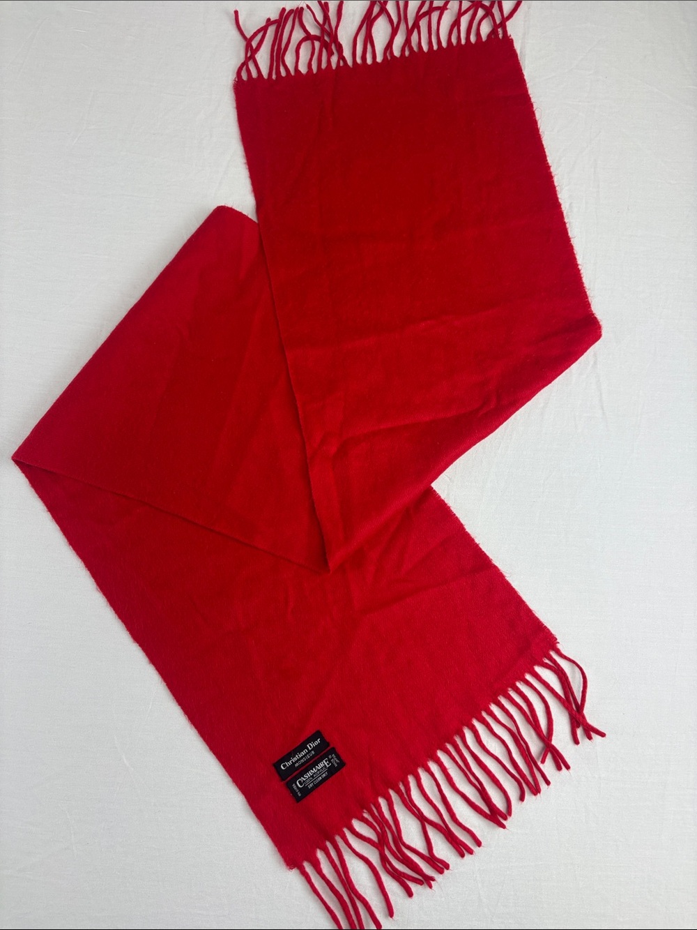 Christian Dior Monsieur Cashmaire Red Woven Fringe Scarf Vintage Made in Japan